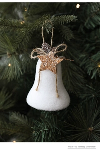 Close-up of a white plush bell ornament with pine cones and stars on a festive tree