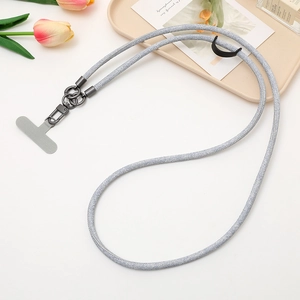Macro shot of grey woven phone lanyard with metal clip and T-shaped anchor patch