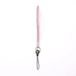 Pink rhinestone wrist lanyard for phones with sparkling crystals and metal ring connector