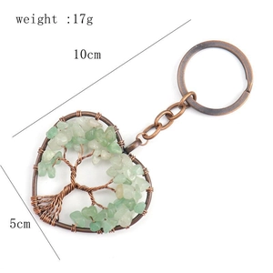 Detail view of heart-shaped tree of life keychain with green stones and 5cm width