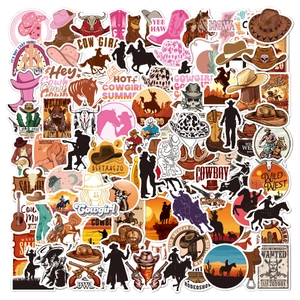 Detailed close-up of 100 western cowboy stickers featuring hats, boots, and cacti patterns