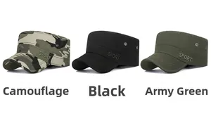 Detailed view of cotton flat top army caps with SPORT embroidery and metal air vents