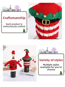 Detailed close-up of knitted Christmas wine bottle covers with bells and belt accents
