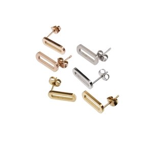 Detailed set of hollow rectangular studs in rose gold, silver, and gold stainless steel