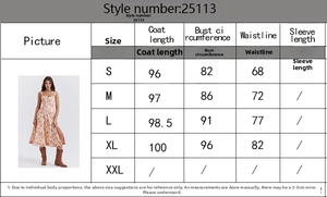 Size chart for floral slit dress showing bust and waist measurements in CM