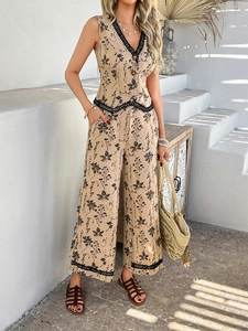 Détails de l'ensemble gilet et pantalon large à fleurs bohèmes avec bordure en dentelle