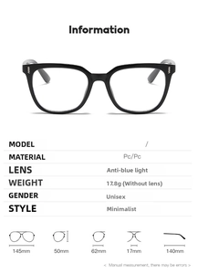 Size chart for oversized PC glasses frames with anti-blue light lens measurements
