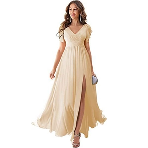 Elegant champagne V-neck chiffon bridesmaid dress with ruffle sleeves and high slit