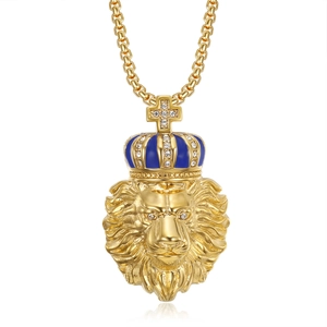 Hip hop gold lion head pendant necklace with crown and blue enamel cross details