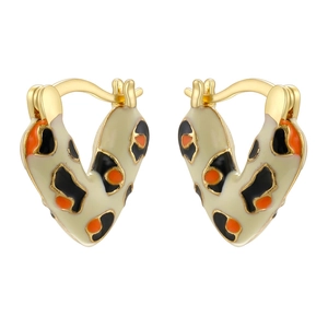Creative V-shaped heart earrings with colorful leopard print enamel in a golden setting