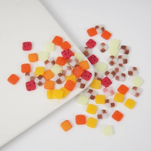 Miniature PVC fruit slices for DIY crafts including watermelon and orange square resin pieces
