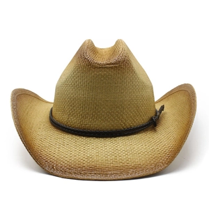 Classic straw western cowboy hat with gradient brim and decorative brown cord trim