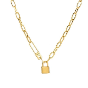 Vintage stainless steel paperclip chain necklace with a gold padlock and love engraving