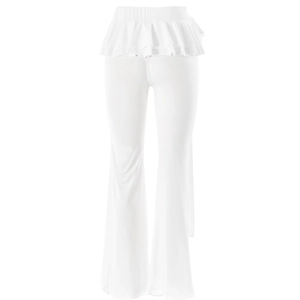 Dettaglio dei pantaloni bianchi a vita alta con orlo a balze e design a zampa
