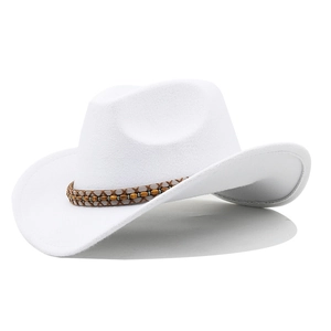 Detail of white felt cowboy hat featuring a braided leather band with wooden beads