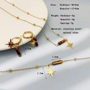 Golden stainless steel jewelry set with natural tiger eye stars and dimensions