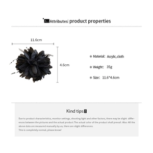 Detailed specs of black lace flower hair claw with feathers and beads, size 11.6cm x 4.6cm