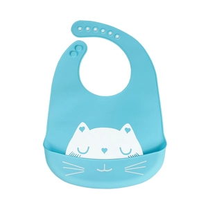 Sky blue waterproof 3D silicone baby bib with cute cat pattern and adjustable neck strap