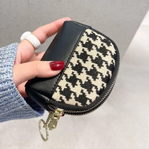 Semicircle Coin Purse Houndstooth Canvas PU Leather Patchwork Zipper Mini Pouch Key Case Wallet Retro Style Women
