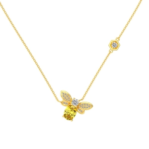 Elegant gold S925 silver bee necklace with yellow gemstone and white zircon insect pendant