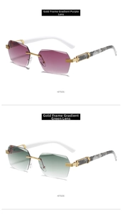 Detailed side view of rimless gradient sunglasses with gold engraved metal temples