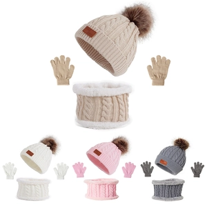 Kids winter knit hat, scarf and gloves set with pompom in four assorted colors