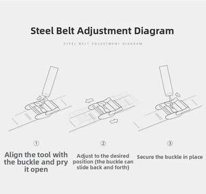 Three-step diagram showing how to adjust the mesh strap buckle on a vintage quartz watch