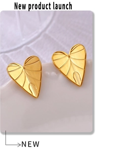 Macro detail of golden heart-shaped leaf vein texture earrings in PVD plated steel