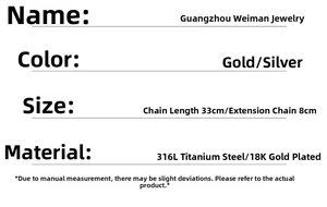 Specifications of 18K gold plated titanium steel buckle necklace with 33+8cm size info