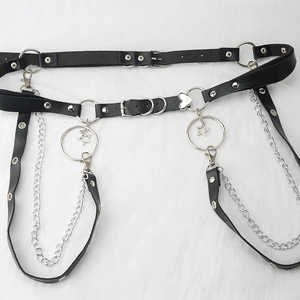 Gothic punk black leather leg garter belt with silver chains and star heart pendants