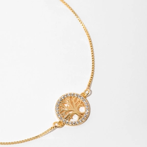 Detail of gold Tree of Life bracelet with pavé zircons and adjustable slider box chain