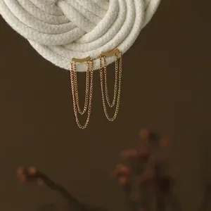 Minimalist 18K gold-plated chain tassel stud earrings with elegant dangling fringe design