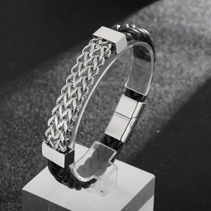 Men's double-row woven leather bracelet with stainless steel tank chain and magnetic clasp