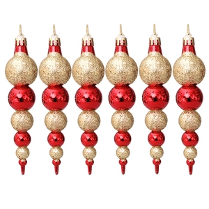 Set of 6 red and gold Christmas tree ornaments with glitter and mirror finish globes