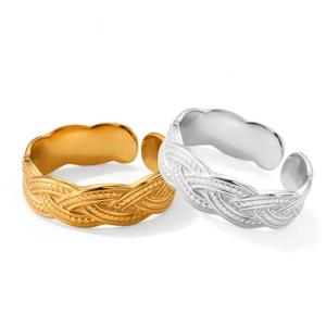 Twisted woven open rings in gold and silver finishes, adjustable stainless steel jewelry