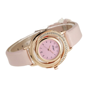 Women's quartz fashion watch with pink leather strap, gold rhinestone case and pink dial
