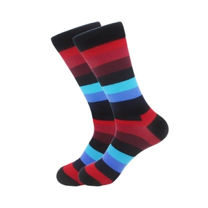 Men's athletic crew socks with colorful stripes in red, purple, blue and black