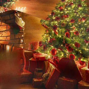 Detailed festive scene with decorated Christmas tree and vintage fireplace tapestry