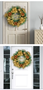 Close-up of golden Christmas wreath with Merry Christmas lettering on wooden and glass doors