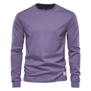 Detail of lavender cotton long sleeve t-shirt collar and fabric texture in close-up view