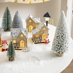 Luminous Christmas wooden house set with LED lights and mini pine trees for holiday decor