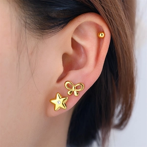 Stainless Steel Star Bowknot Round Ball Stud Earrings Gold Plated Rhinestone Fashion Earrings For Women Daily Elegant Accessory
