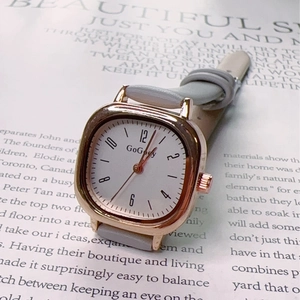 Vintage women's square quartz watch with gold case, white dial and light grey leather strap