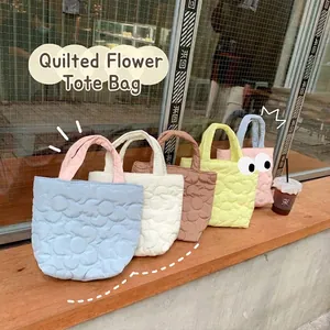 Women Quilted Floral Handbag Polyester Puffy Cloud Tote Bag Sweet Soft Padding Daily Casual Carryall