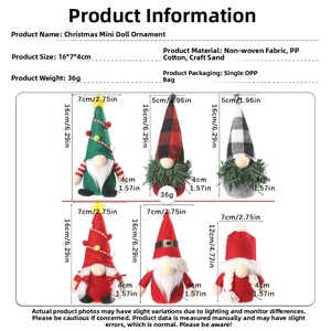 Detailed size chart for Christmas faceless gnome dolls showing dimensions and materials