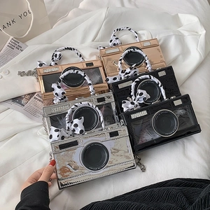 Camera Shaped Women Handbag Metallic PU Leather Crossbody Bag With Satin Ribbon Handle And Chain Strap Novelty Party Purse