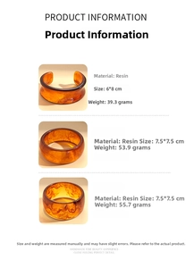 Detail list showing dimensions and weights of amber resin geometric bangles in various styles