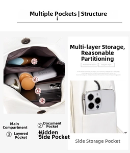 Detail view of white multi-pocket backpack showing inner compartments and side phone pocket