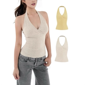 Detail showing high-quality ribbed knit fabric and cross V-neck halter design on slim top