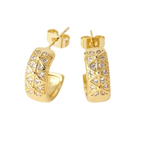 Golden C-shaped hoop earrings with geometric triangle cutouts and bright zircon stones